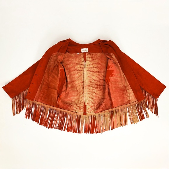 Vintage 90’s Fringe Trimmed Genuine Suede Leather Jacket in Mandarin Red Size 2 - Picture 9 of 10